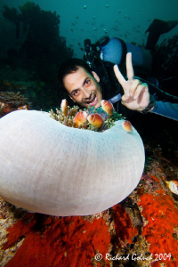 Raja Ampat-my guide Norberto posing with anemonefish-Cano... by Richard Goluch 